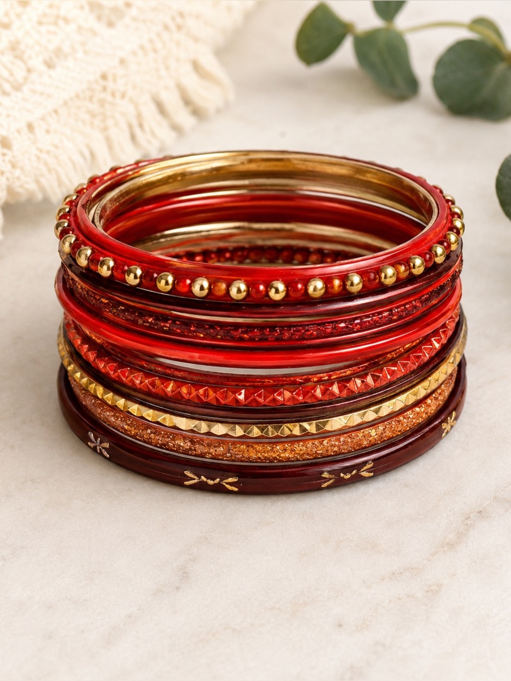Vintage Style Red Gold Boho Bangle Bracelet Stack Set Festival Jewelry